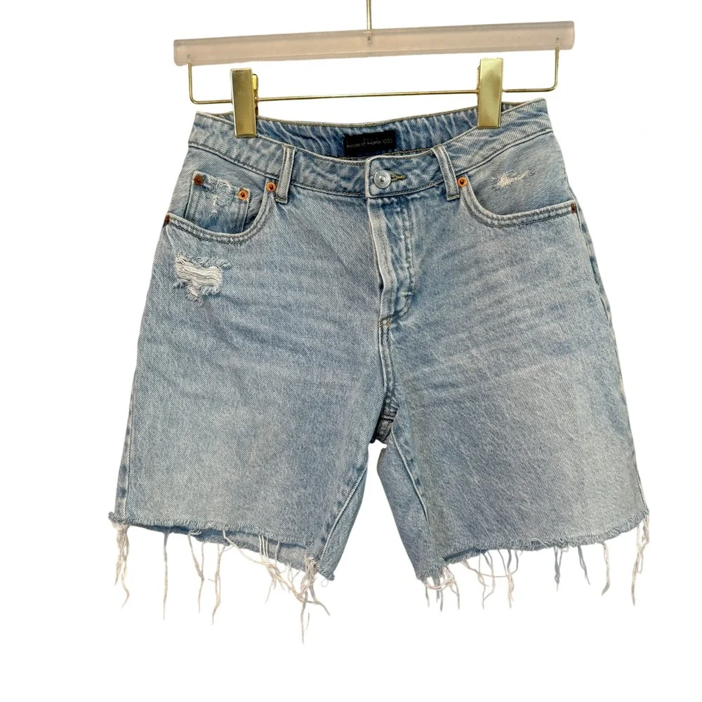 House of Harlow 1960 Womens High Rise Distressed Denim Shorts Light Wash Size 25